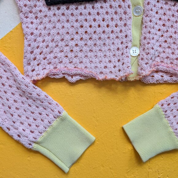 Upcycled Designer Long Sleeve Knit Granny Square Collared Crop Top Megan O'Cain - Picture 2 of 11